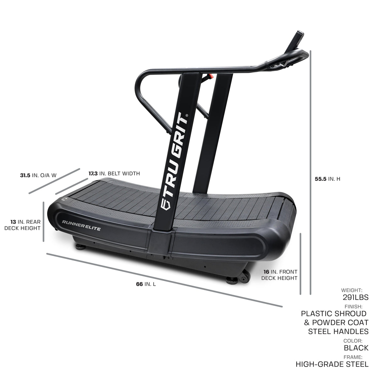 Official Runner Elite dimensional diagram showing 66 inch length and 55.5 inch height